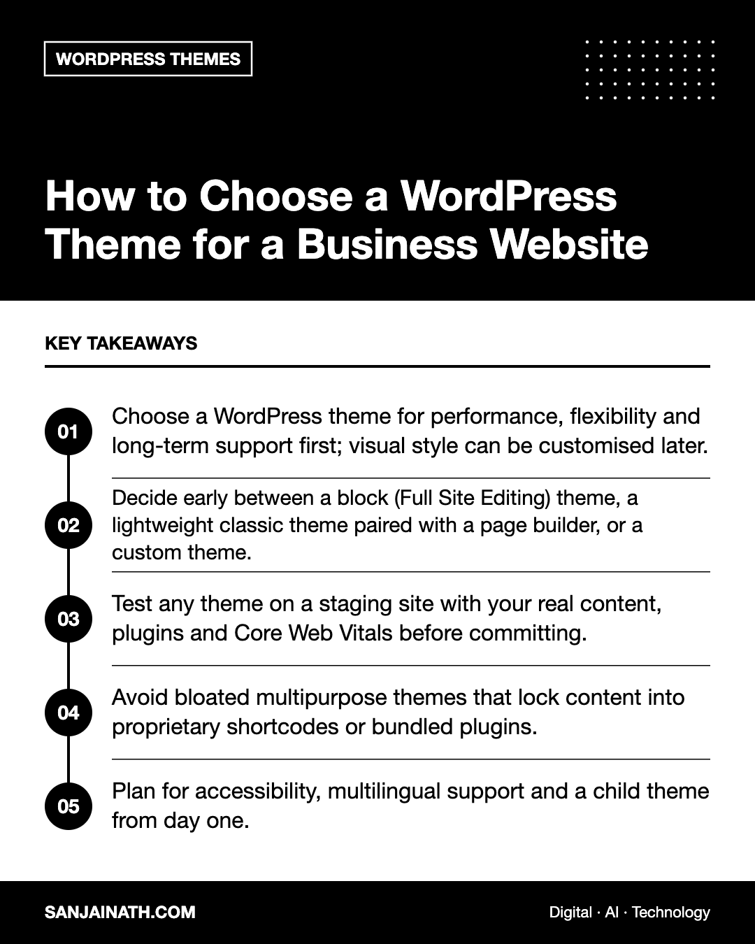 How to Choose a WordPress Theme for a Business Website – key takeaways infographic
