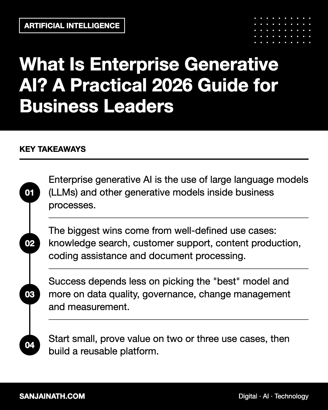 What Is Enterprise Generative AI? A Practical 2026 Guide for Business Leaders – key takeaways infographic