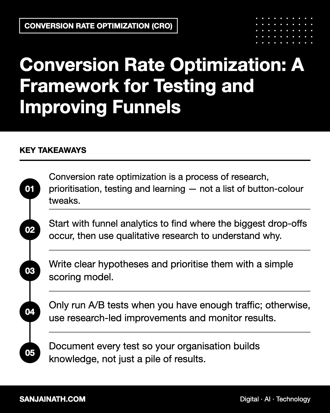 Conversion Rate Optimization: A Framework for Testing and Improving Funnels – key takeaways infographic
