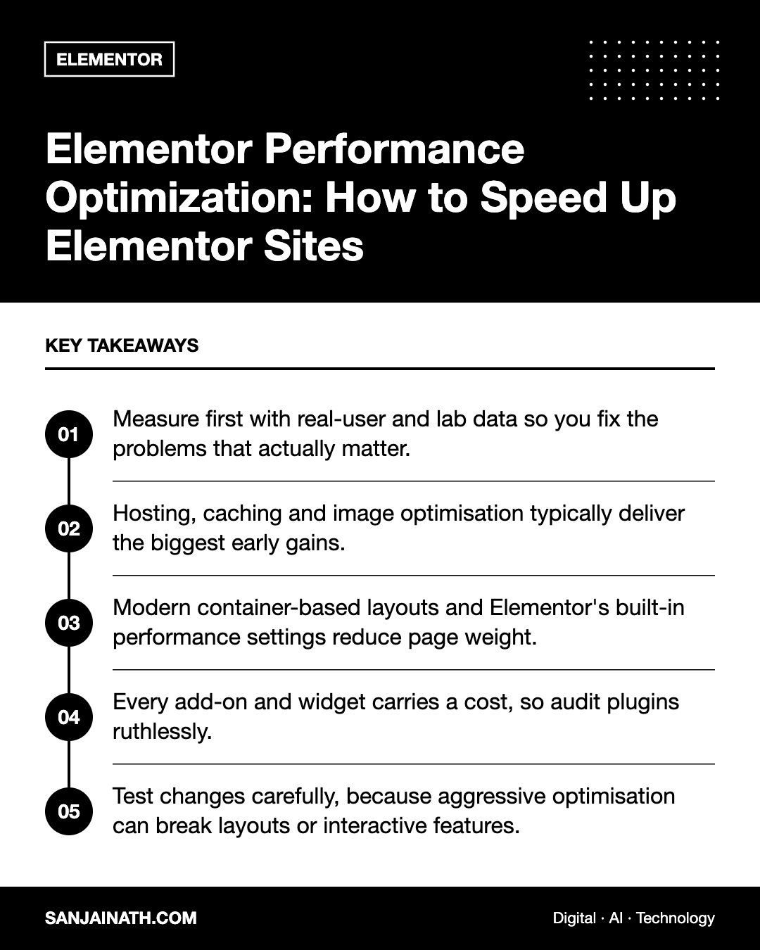 Elementor Performance Optimization: How to Speed Up Elementor Sites – key takeaways infographic