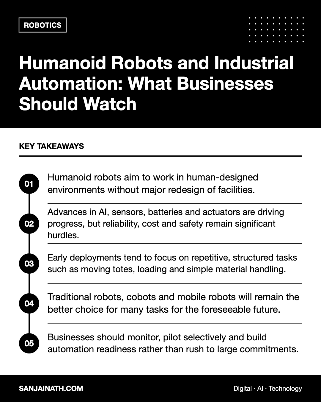 Humanoid Robots and Industrial Automation: What Businesses Should Watch – key takeaways infographic