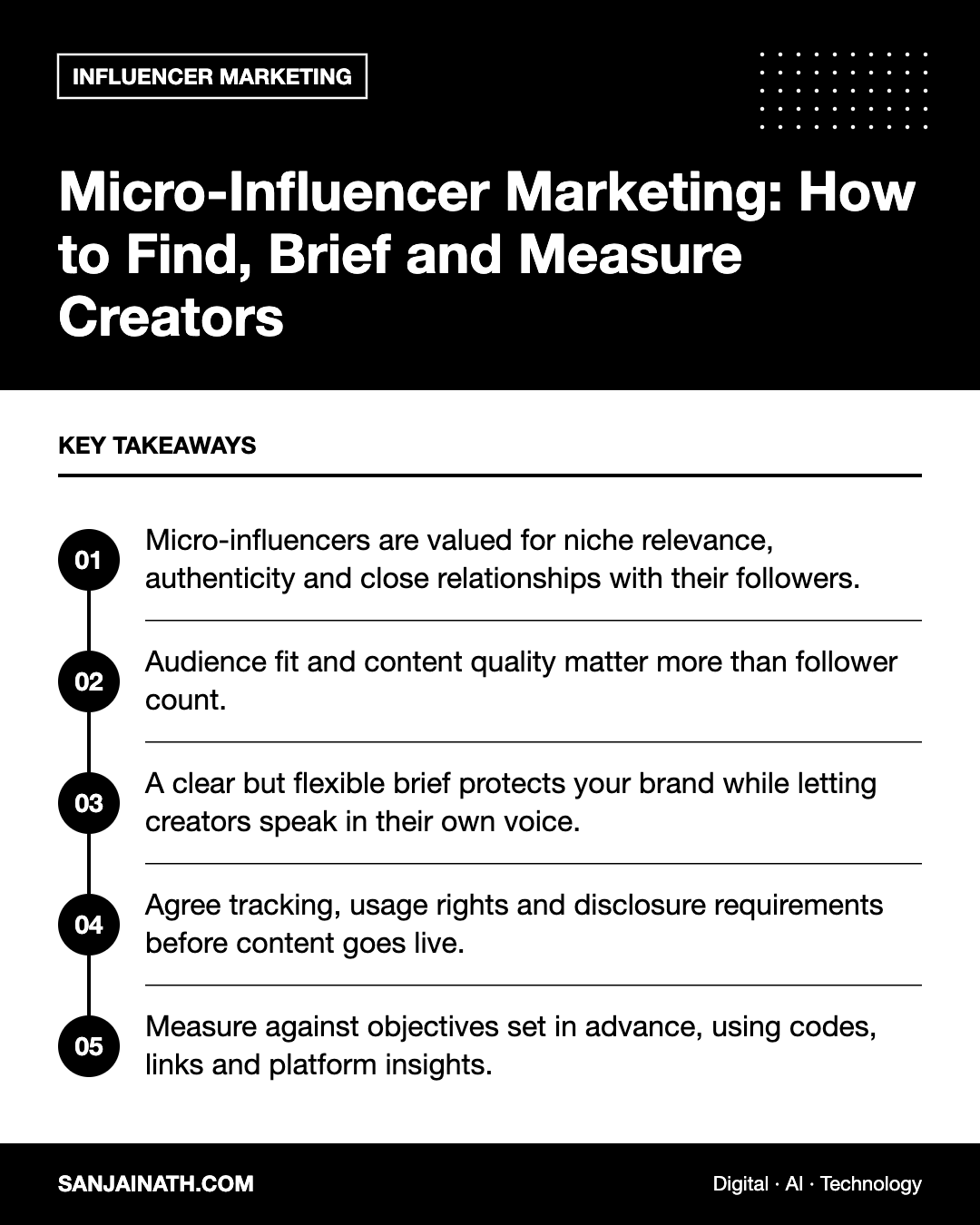 Micro-Influencer Marketing: How to Find, Brief and Measure Creators – key takeaways infographic
