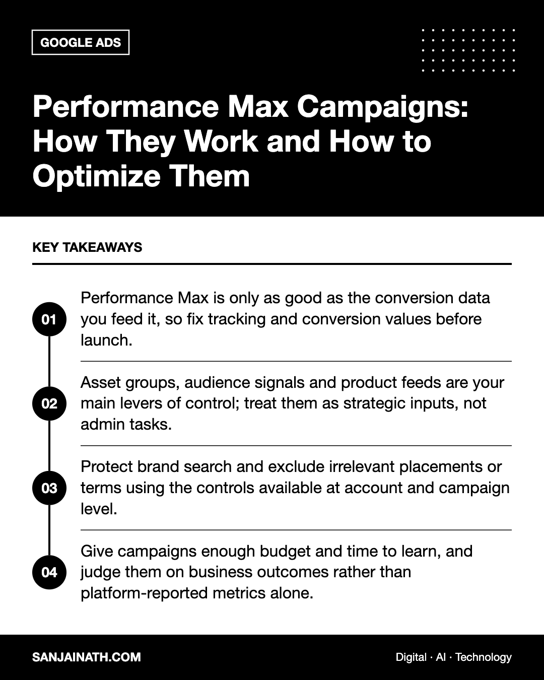 Performance Max Campaigns: How They Work and How to Optimize Them – key takeaways infographic