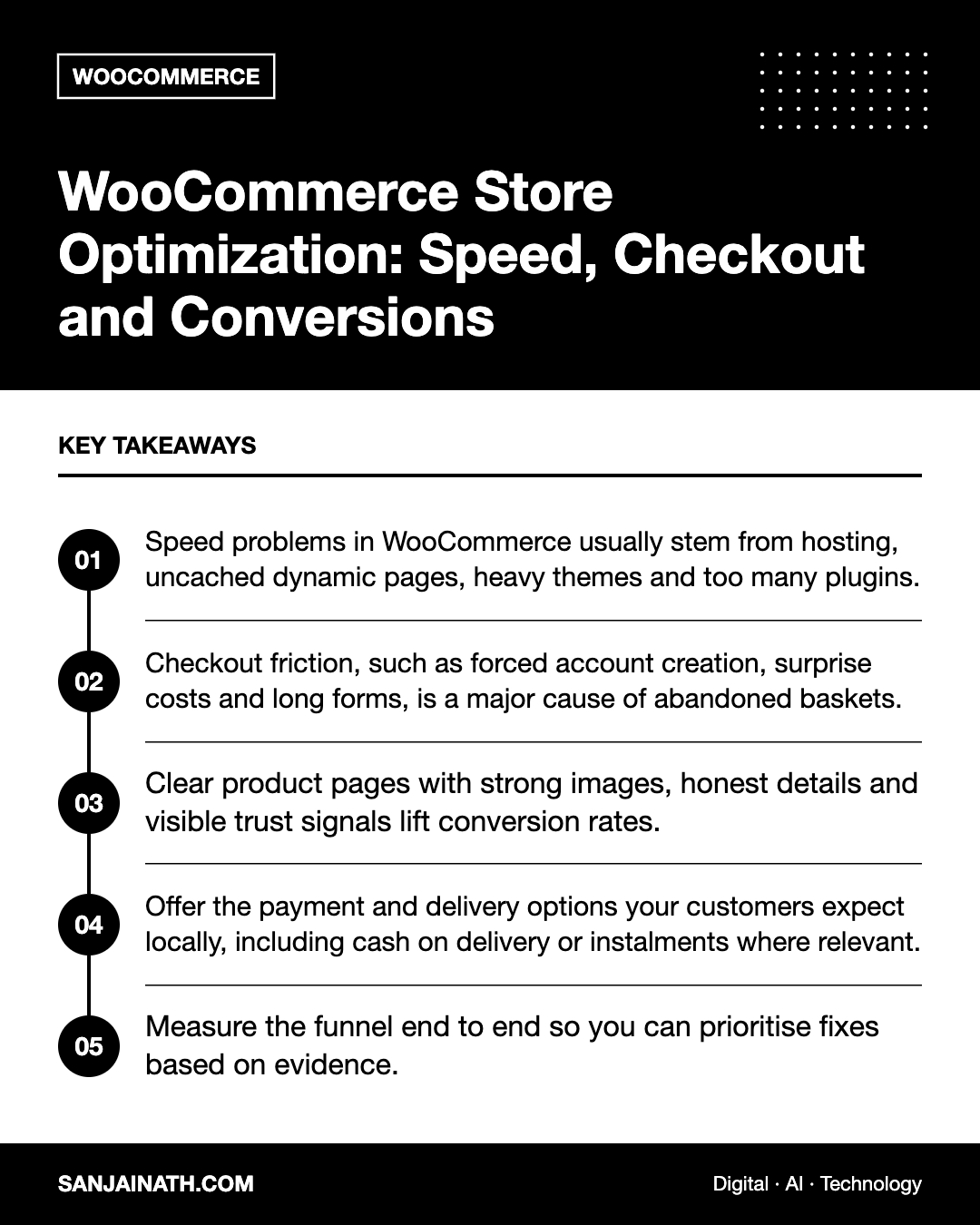 WooCommerce Store Optimization: Speed, Checkout and Conversions – key takeaways infographic